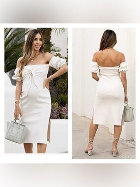 Sivan Ayla x Amazon The Drop Whisper White Knot-Front Puff-Sleeve Dress Sz S
